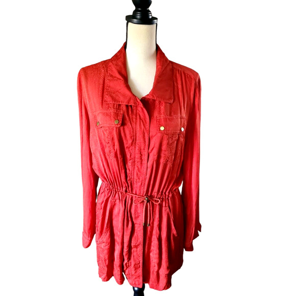 Chico's Tops - Chico's Red Orange Silky Rayon Full Zip Lightweight Long Jacket Top Sz 2 or L